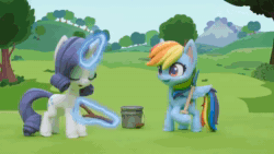 Size: 1280x720 | Tagged: safe, screencap, rainbow dash, rarity, pegasus, pony, unicorn, g4.5, gem of a problem, my little pony: stop motion short, adorable distress, animated, bipedal, bucket, cute, digging, eyes closed, female, gem, glowing, glowing horn, happy, hooves up, horn, it came from youtube, levitation, looking at something, magic, magic aura, magic surge, mare, marshmelodrama, outdoors, overpowered, rainbow trail, rarity being rarity, scared, shocked, shovel, sound, stop motion, surprised, sweat, telekinesis, tree, upset, webm, worried, youtube link