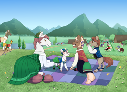 Size: 3600x2600 | Tagged: safe, artist:jackiebloom, earth pony, pony, background pony, blanket, clothes, colt, female, group, high res, house, lake, male, mare, mountain, outdoors, scenery, tree