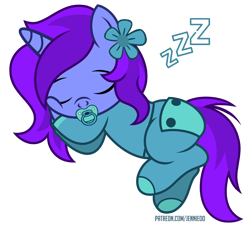 Size: 1200x1096 | Tagged: safe, artist:jennieoo, oc, oc only, oc:aliss, pony, unicorn, clothes, flower, footed sleeper, footie pajamas, onesie, pacifier, pajamas, show accurate, simple background, sleeping, solo, transparent background, vector