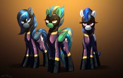 Size: 3000x1900 | Tagged: safe, artist:shido-tara, oc, oc only, oc:paperweight, oc:rainshadow, oc:vindi, pegasus, pony, clothes, commission, costume, latex, latex suit, pegasus oc, shadowbolts, shadowbolts costume, simple background