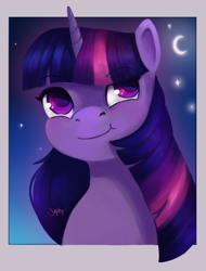 Size: 2468x3240 | Tagged: safe, artist:saphypone, twilight sparkle, pony, unicorn, g4, bust, cute, female, high res, looking up, mare, moon, night, portrait, signature, sky, smiling, solo, stars, twiabetes, unicorn twilight