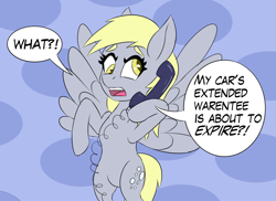 Size: 1500x1094 | Tagged: safe, artist:sufficient, derpy hooves, pony, g4, abstract background, dialogue, phone, scam, solo, speech bubble, spread wings, this will end in bankruptcy, this will end in tears, wings