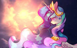 Size: 1280x795 | Tagged: safe, artist:mochimi92, princess celestia, alicorn, pony, g4, cloud, night, profile, sky, solo, stars, sun