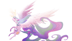 Size: 1280x721 | Tagged: safe, artist:mochimi92, princess celestia, alicorn, pony, g4, female, floppy ears, flying, glowing horn, horn, mare, profile, simple background, solo, spread wings, white background, wings