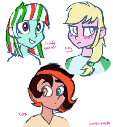 Size: 500x563 | Tagged: safe, artist:catachromatic, oc, oc only, oc:candy canter, oc:coz, oc:hollyhock, equestria girls, g4, blushing, colored sketch, ear blush, equestria girls-ified, female, freckles, heterochromia, male, simple background, white background