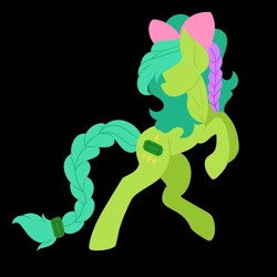 Size: 1080x1080 | Tagged: safe, artist:droopihorn, oc, oc only, earth pony, pony, black background, bow, braid, braided tail, earth pony oc, female, hair bow, hooves, lineless, looking back, mare, minimalist, no eyes, rearing, simple background, solo