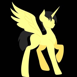 Size: 1080x1080 | Tagged: safe, artist:droopihorn, oc, oc only, alicorn, pony, alicorn oc, black background, female, hooves, horn, lineless, mare, minimalist, no eyes, raised hoof, simple background, solo, spread wings, wings
