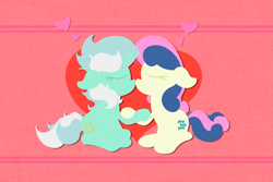 Size: 7381x4921 | Tagged: safe, artist:background basset, bon bon, lyra heartstrings, sweetie drops, earth pony, pony, unicorn, g4, absurd file size, absurd resolution, eyes closed, female, heart, holding hooves, lesbian, lineless, mare, ship:lyrabon, shipping, simple background, sitting