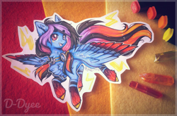 Size: 1783x1176 | Tagged: safe, artist:tay-niko-yanuciq, oc, oc only, oc:alpha jet, pegasus, pony, chest fluff, coat markings, colored hooves, colored wings, colored wingtips, felt, female, flying, goggles, looking at you, mare, marker drawing, open mouth, smiling, solo, spread wings, traditional art, wings