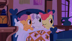 Size: 1280x720 | Tagged: safe, screencap, apple bloom, scootaloo, sweetie belle, earth pony, pegasus, pony, unicorn, g4, season 1, stare master, adorabloom, apple bloom's bow, bed, blanket, bow, cute, cutealoo, cutie mark crusaders, diasweetes, female, filly, fluttershy's cottage, hair bow, in bed, night, one eye closed, smiling