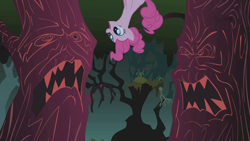 Size: 1280x720 | Tagged: safe, screencap, pinkie pie, earth pony, pony, friendship is magic, g4, season 1, everfree forest, female, in which pinkie pie forgets how to gravity, laughter song, open mouth, pinkie being pinkie, pinkie physics, scary tree, tree