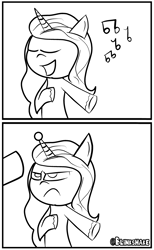 Size: 2168x3512 | Tagged: safe, artist:blinkshake, izzy moonbow, pony, unicorn, g5, ball, black and white, frown, grayscale, high res, horn, hornball, izzy's tennis ball, lineart, monochrome, offscreen character, singing, tennis ball
