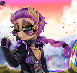 Size: 1259x1200 | Tagged: safe, artist:brainiac, sunny starscout, earth pony, pony, g5, my little pony: a new generation, chest fluff, clothes, eyeshadow, female, jacket, jewelry, lidded eyes, link in description, makeup, mare, necklace, rainbow waterfall, solo, sunglasses