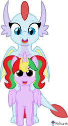 Size: 5000x9275 | Tagged: safe, artist:melisareb, oc, oc only, oc:skress, oc:starling shield, alicorn, dragon, pony, .svg available, absurd resolution, dragoness, duo, female, filly, simple background, slit pupils, transparent background, vector, wings