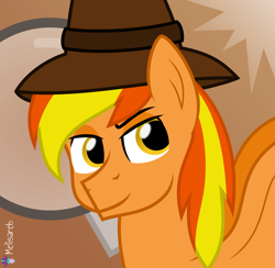 Size: 4098x4000 | Tagged: safe, artist:melisareb, oc, oc only, oc:firey ratchet, pegasus, pony, .svg available, absurd resolution, detective, dreamworks face, gradient background, hat, magnifying glass, male, solo, stallion, vector, wings