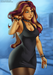 Size: 2480x3508 | Tagged: safe, artist:nire, sunset shimmer, equestria girls, g4, bare shoulders, black dress, bracelet, choker, clothes, dress, ear piercing, earring, eyeliner, female, high res, jewelry, little black dress, looking away, makeup, nail polish, pantyhose, piercing, sleeveless, smiling, solo, spiked choker, spiked wristband, wristband
