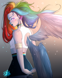 Size: 1080x1350 | Tagged: safe, artist:maygeoh, rainbow dash, human, g4, alternative cutie mark placement, arm behind back, facial cutie mark, female, humanized, sleeveless, solo, winged humanization, wings