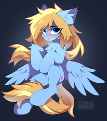 Size: 3160x3552 | Tagged: safe, artist:kirionek, oc, oc only, oc:lusty symphony, pegasus, pony, blushing, eye clipping through hair, eyebrows, eyebrows visible through hair, female, high res, looking at you, mare, pegasus oc, shy, shy smile, smiling, smiling at you, solo