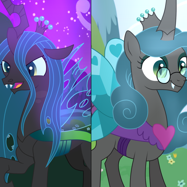 2650978 - safe, artist:arcticwinds143, artist:boneswolbach,  artist:crystallightfury, artist:mlp-vector-collabs, queen chrysalis,  changeling, changeling queen, g4, idw, reflections, spoiler:comic, female,  glassalys, idw showified, mirror universe ...