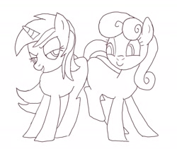 Size: 1901x1601 | Tagged: safe, artist:pi, bon bon, lyra heartstrings, sweetie drops, earth pony, pony, unicorn, g4, slice of life (episode), bedroom eyes, butt bump, butt to butt, butt touch, female, grin, lesbian, mare, missing cutie mark, monochrome, ship:lyrabon, shipping, smiling