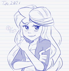 Size: 1040x1080 | Tagged: safe, artist:beefgummies, sunset shimmer, equestria girls, g4, breasts, cleavage, clothes, crossed arms, cute, eye shimmer, eyelashes, female, freckles, fringe, jacket, lined paper, looking at you, peppered bacon, rolled up sleeves, shimmerbetes, shiny eyes, smiling, smiling at you, solo, traditional art