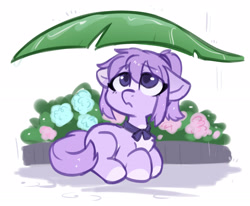 Size: 2897x2384 | Tagged: safe, artist:oofycolorful, oc, oc only, oc:mio (higglytownhero), earth pony, pony, floppy ears, flower, high res, leaf, pale belly, rain, solo