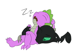 Size: 2025x1453 | Tagged: safe, artist:untiltheballoons, spike, thorax, changeling, g4, cuddling, onomatopoeia, open mouth, sleeping, snoring, sound effects, zzz