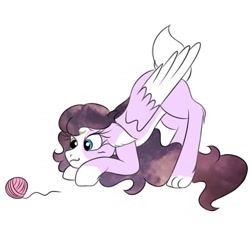 Size: 1046x999 | Tagged: safe, artist:droopihorn, oc, oc only, oc:lullaby, cat, cat pony, hybrid, original species, pegasus, pony, behaving like a cat, cheek fluff, cute, ear fluff, ethereal mane, eyelashes, eyes on the prize, face down ass up, female, floppy ears, galaxy mane, leg fluff, mare, ocbetes, simple background, smiling, solo, two toned wings, white background, wings, yarn, yarn ball