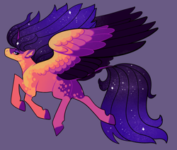 Size: 2600x2200 | Tagged: safe, artist:loryska, oc, oc only, alicorn, pony, colored wings, ethereal mane, female, gray background, high res, mare, multicolored wings, offspring, parent:twilight sparkle, parents:canon x oc, simple background, solo, starry mane, wings