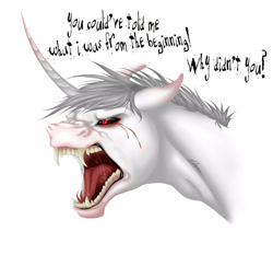 Size: 2255x2105 | Tagged: safe, artist:eperyton, oc, oc only, pony, unicorn, angry, black sclera, blood, crying, fangs, high res, horn, male, open mouth, simple background, solo, stallion, talking, tears of blood, unicorn oc, white background