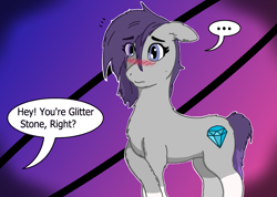 Size: 2405x1711 | Tagged: safe, alternate version, artist:autumnsfur, oc, oc only, oc:glitter stone, earth pony, pony, ..., abstract background, blushing, colored, dialogue, earth pony oc, female, mare, offscreen character, solo