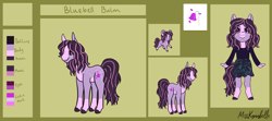 Size: 4514x2000 | Tagged: safe, artist:misskanabelle, oc, oc:bluebell balm, earth pony, pony, anthro, abstract background, anthro with ponies, base used, clothes, earth pony oc, female, mare, offspring, parent:bandage pony, parent:nurse sweetheart, parents:sweettumble, reference sheet, signature, skirt, smiling