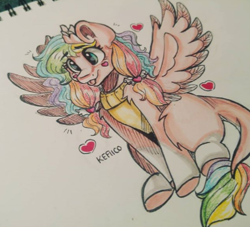 Size: 442x402 | Tagged: safe, artist:kefico, oc, oc only, pegasus, pony, :p, blushing, collar, female, heart, mare, multicolored hair, pegasus oc, rainbow hair, sitting, spread wings, tongue out, traditional art, wings