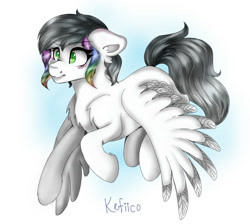 Size: 980x879 | Tagged: safe, artist:kefico, oc, oc only, pegasus, pony, female, flying, mare, pegasus oc, smiling, solo, traditional art, two toned wings, wings