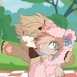 Size: 1080x1080 | Tagged: safe, artist:fluffponee, oc, oc only, pegasus, pony, bow, clothes, costume, duo, eye clipping through hair, female, hair bow, male, mare, open mouth, outdoors, paw pads, paws, pegasus oc, picnic blanket, side hug, smiling, stallion, underpaw, wings, x x everywhere