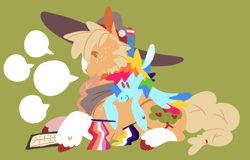 Size: 2532x1617 | Tagged: safe, artist:goatpaste, applejack, rainbow dash, earth pony, pegasus, pony, g4, alternate cutie mark, book, clothes, colored wings, dot eyes, female, freckles, green background, hat, heart, lesbian, lesbian pride flag, lineless, looking down, lying down, mare, multicolored wings, nonbinary, nonbinary pride flag, pin, pride, pride flag, prone, rainbow wings, scarf, ship:appledash, shipping, shoulder freckles, simple background, size difference, smiling, speech bubble, t4t, trans female, transgender, transgender pride flag, unshorn fetlocks, wings