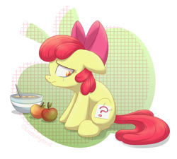 Size: 1200x1080 | Tagged: safe, artist:littlehybridshila, apple bloom, earth pony, pony, call of the cutie, g4, apple, bowl, crying, fake cutie mark, female, filly, food, question mark, solo