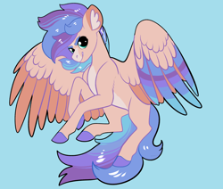 Size: 2600x2200 | Tagged: safe, artist:loryska, oc, oc only, pegasus, pony, blue background, colored wings, high res, male, multicolored wings, offspring, parent:rainbow dash, parents:canon x oc, simple background, solo, stallion, wings