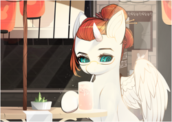 Size: 4093x2894 | Tagged: safe, artist:sugarelement, oc, oc only, oc:red cherry, pegasus, pony, blue eyes, cafe, drinking, lantern, red mane, solo