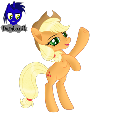 Size: 3840x4154 | Tagged: safe, artist:damlanil, applejack, earth pony, pony, g4, applejack's hat, bipedal, cowboy hat, cute, female, frog (hoof), happy, hat, jackabetes, looking at you, mare, open mouth, raised hoof, shine, shiny mane, simple background, smiling, solo, transparent background, underhoof, vector