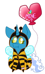 Size: 1750x2850 | Tagged: safe, artist:evelyncat, oc, oc:fleurbelle, alicorn, pony, adorabelle, alicorn oc, animal costume, balloon, bee costume, clothes, costume, cute, female, heart balloon, horn, mare, ocbetes, simple background, transparent background, wings, yellow eyes