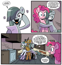 Size: 931x975 | Tagged: safe, artist:robin easter, idw, cloudy quartz, igneous rock pie, marble pie, pinkie pie, earth pony, pony, g4, season 10, spoiler:comic, spoiler:comic99, a happy ending for marble pie, bipedal, excited, eyes closed, female, glasses, hat, male, mare, open mouth, open smile, smiling, speech bubble, stallion, when she speaks