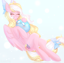 Size: 1613x1572 | Tagged: safe, artist:kawipie, oc, oc only, oc:bay breeze, pegasus, pony, blushing, bow, cute, eyes closed, female, hair bow, happy, long mane, mare, ocbetes, pegasus oc, simple background, slime, tail bow