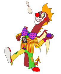 Size: 5258x6400 | Tagged: safe, artist:aaron amethyst, garble, dragon, g4, bowling pin, bowtie, clothes, clown, face paint, juggling, male, pants, picture frame, shoes, simple background, solo, spread wings, transparent background, vest, wings