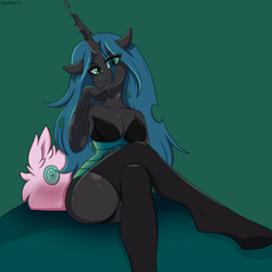 Size: 2200x2200 | Tagged: safe, alternate version, artist:cottonaime, queen chrysalis, oc, oc:fluffle puff, changeling, changeling queen, anthro, unguligrade anthro, bra, breasts, busty queen chrysalis, clothes, eye clipping through hair, female, high res, horn, looking at you, panties, sexy, socks, solo, stockings, thigh highs, underwear