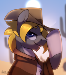 Size: 2000x2272 | Tagged: safe, artist:jedayskayvoker, oc, oc only, oc:mountain jam, bust, clothes, colored, colored sketch, cowboy hat, full color, hat, high res, icon, male, poncho, portrait, raised hoof, sketch, stallion, sun