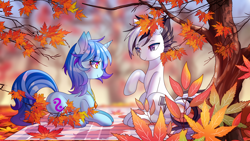 Size: 3500x1969 | Tagged: safe, artist:alus, derpibooru exclusive, oc, oc only, oc:light shadow, oc:zerol acqua, earth pony, hybrid, pony, unicorn, female, leaves, looking at each other, male, shipping, tree
