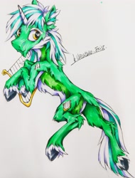 Size: 3000x3947 | Tagged: safe, artist:creature.exist, lyra heartstrings, pony, unicorn, g4, fluffy, high res, looking at you, lyre, musical instrument, simple background, solo, traditional art, unshorn fetlocks, white background, white belly