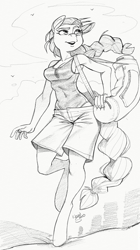 Size: 718x1280 | Tagged: safe, artist:kevinsano, oc, oc only, earth pony, anthro, unguligrade anthro, anthro oc, bag, beach, breasts, clothes, cloud, commission, digital art, earth pony oc, female, monochrome, not sunny starscout, open mouth, saddle bag, sand, shirt, shorts, sketch, sky, solo, tail, thighs, walking