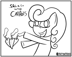 Size: 3162x2518 | Tagged: safe, artist:blinkshake, carrot top, golden harvest, earth pony, pony, g4, black and white, carrot, comic, food, grayscale, grin, high res, humor, lineart, monochrome, smiling
